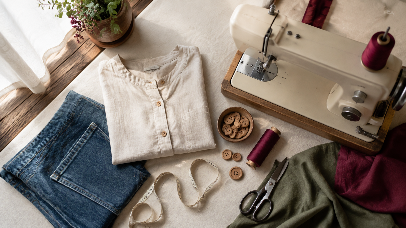 A welcoming sewing table with a machine, garments, thread, buttons, measuring tape and scissors